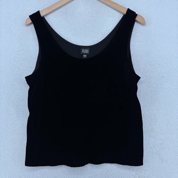 EILEEN FISHER Tank Top L Stretch Silk Blend Velvet Scoop Neck Shell Black - Picture 1 of 12